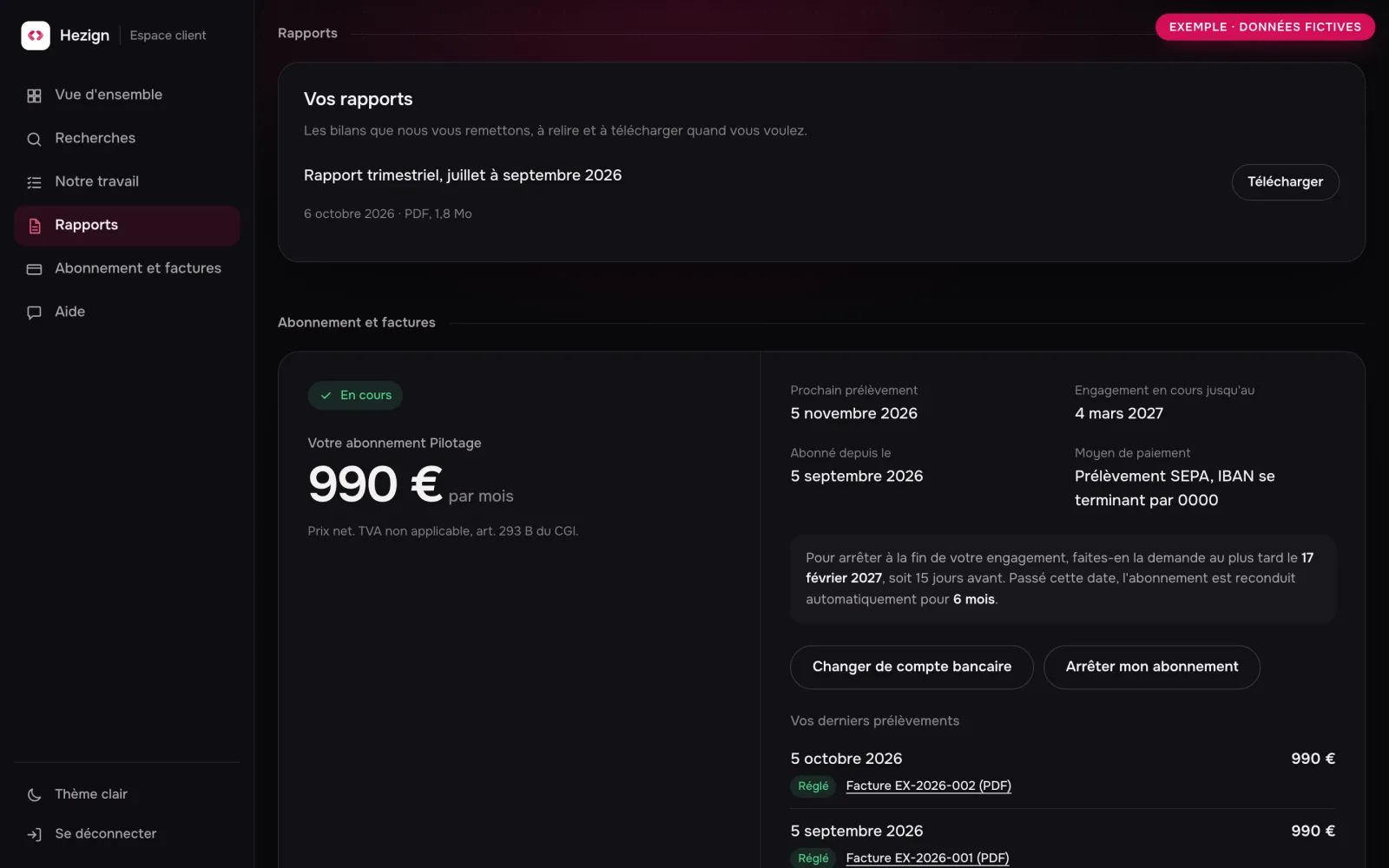 Exemple de l'espace client avec des données fictives : rapport trimestriel à télécharger, puis l'abonnement avec le prochain prélèvement, la date limite d'arrêt et l'historique des prélèvements avec leurs factures.