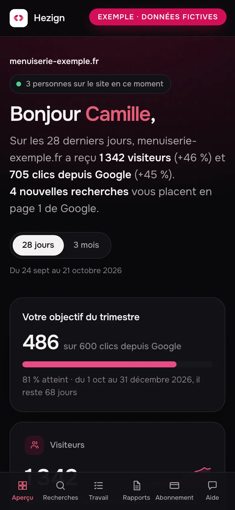 Exemple de l'espace client sur téléphone avec des données fictives : résumé de la période et objectif du trimestre.