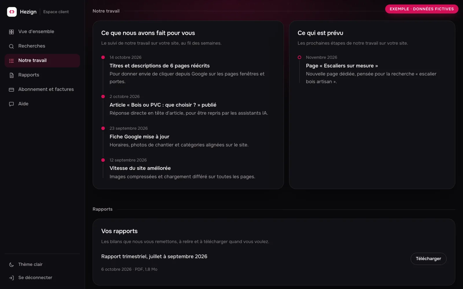 Exemple de l'espace client avec des données fictives : liste datée des interventions réalisées et des étapes prévues, puis la section des rapports.